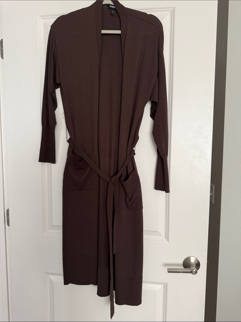 Express long belted duster cardigan in a rich chocolate brown.